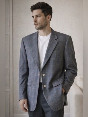 Vintage 346 Brooks Brothers Plaid Blazer Gray Wool Tailored Jacket Size 34